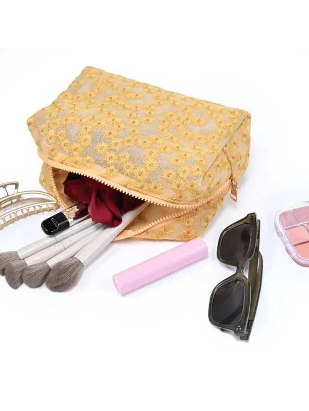 Yellow Floral Lace Cosmetic Bag - Women Bags